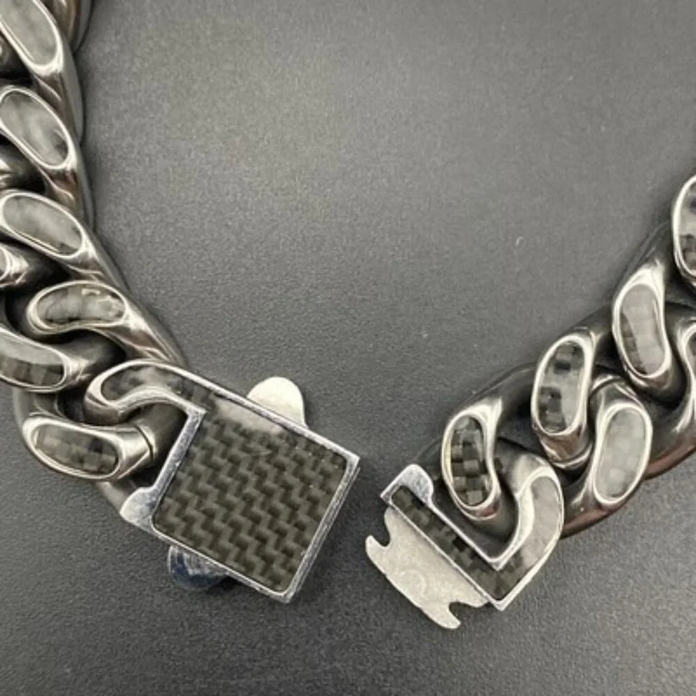 Stainless Steel Bracelet Black Carbon Fiber-Style Miami Curb Link Cuban Hip Hop
